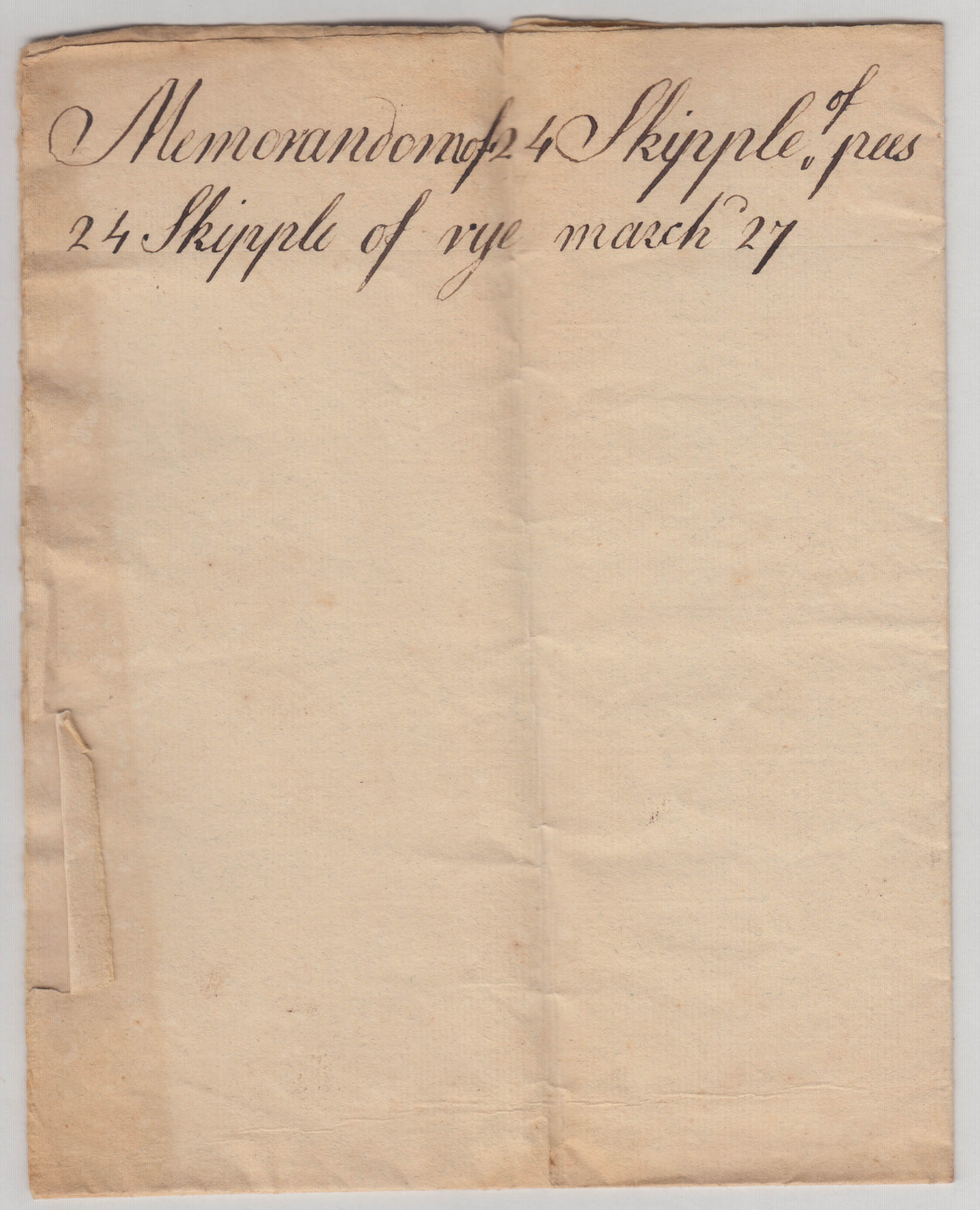 BH085, 1773-02-27 Memorandum, Record of Wheat, Peas and Rye Sent to Robert Van Deusen's Mill